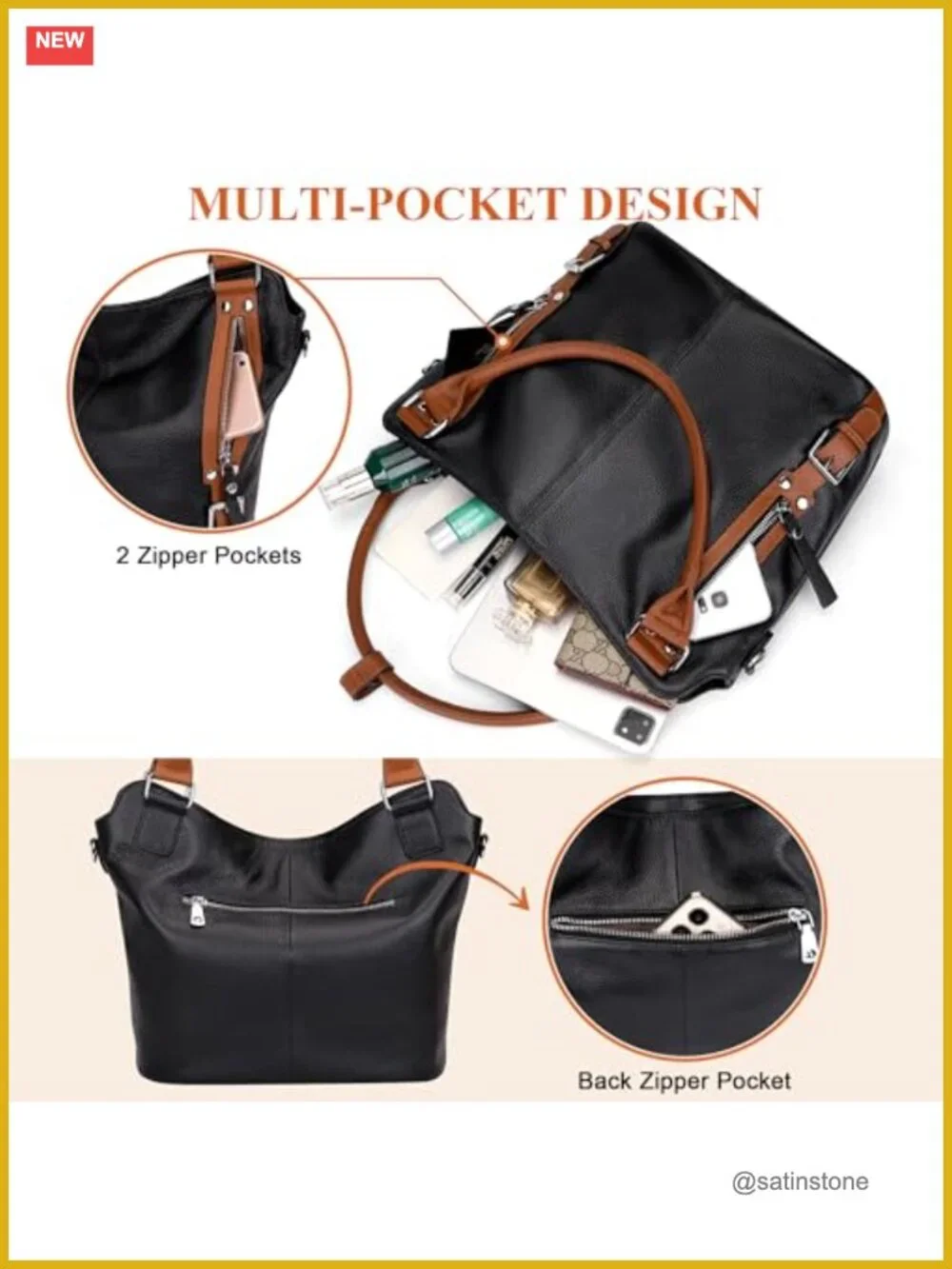 Genuine Leather Large Hobo Tote Purse Multi Pockets Shoulder Bag